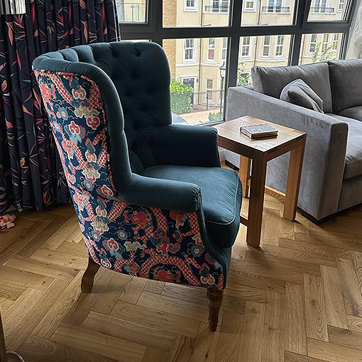 Buttoned Chair in Omega Omega Printed Velvet Twilight and Linara Tapestry